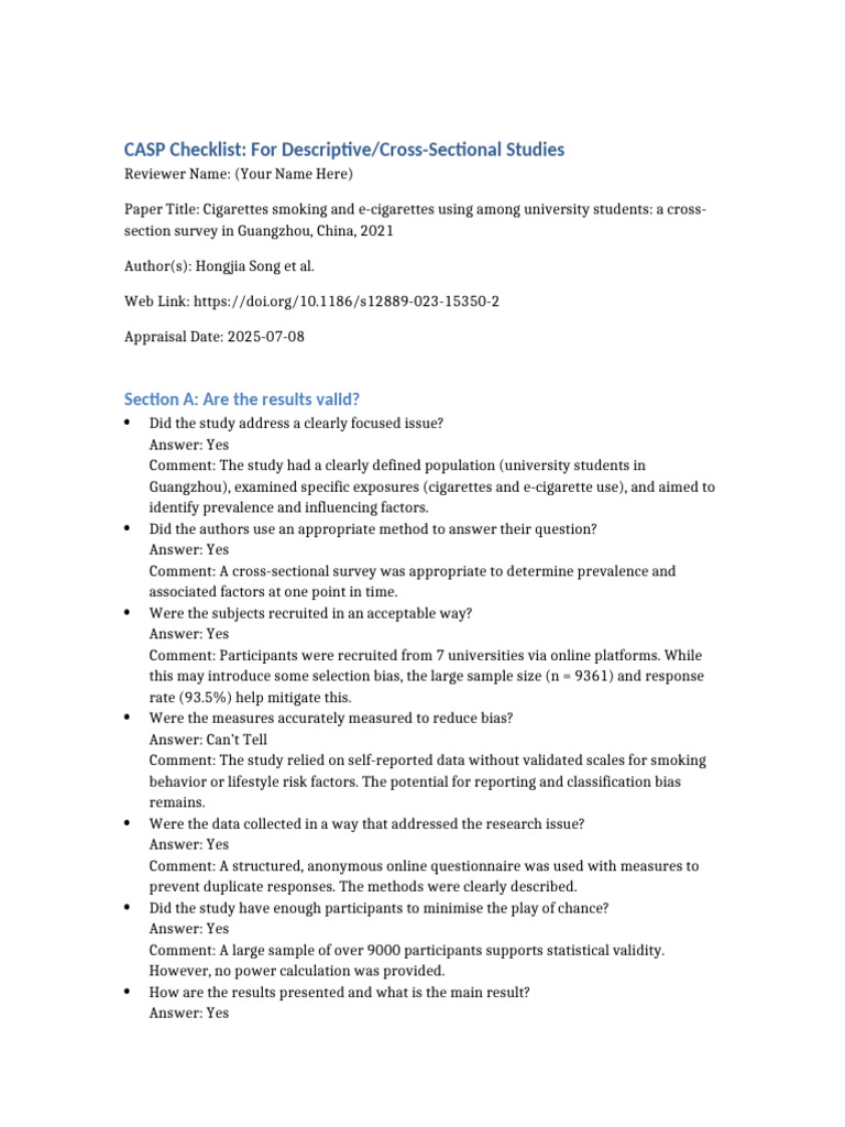 CASP Checklist for Cross-Sectional Study | PDF | Survey Methodology ...
