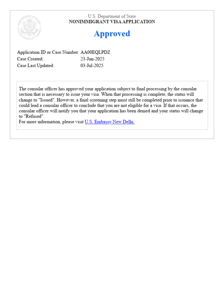 Approved: Nonimmigrant Visa Application | PDF