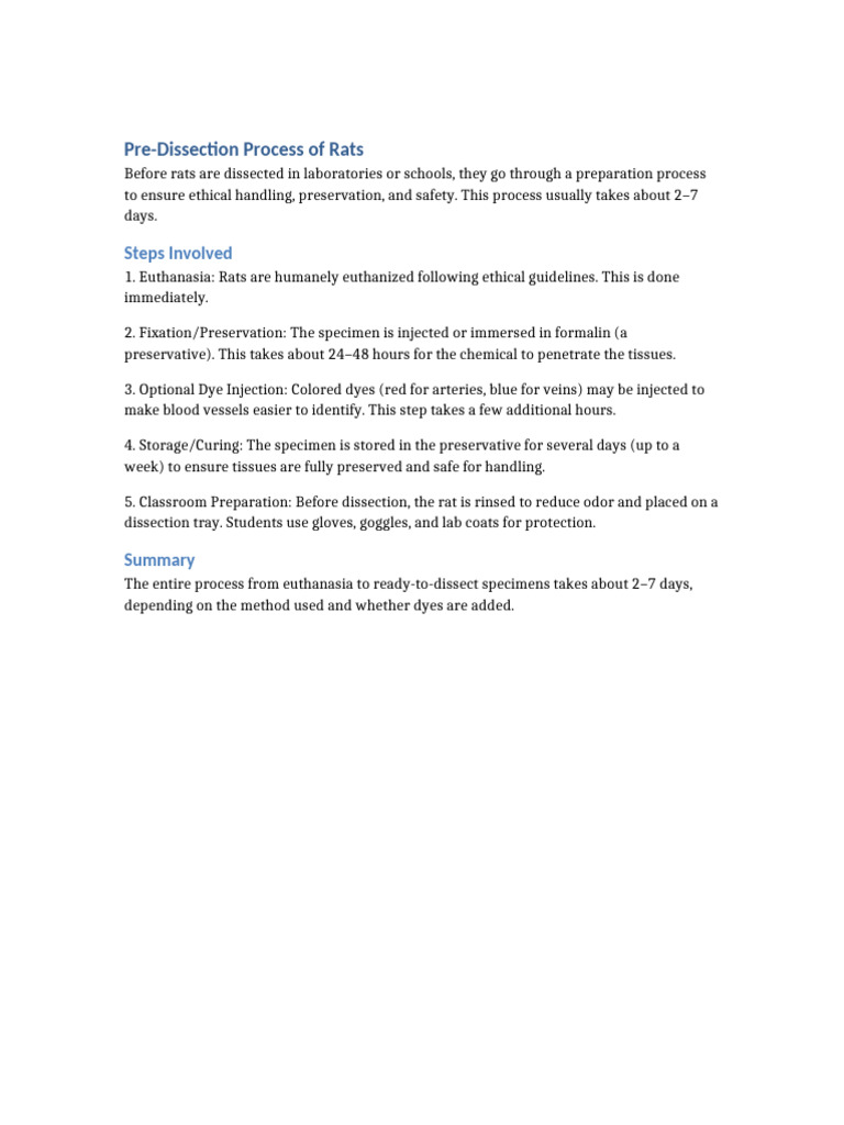 Rat Dissection Preparation Process | PDF