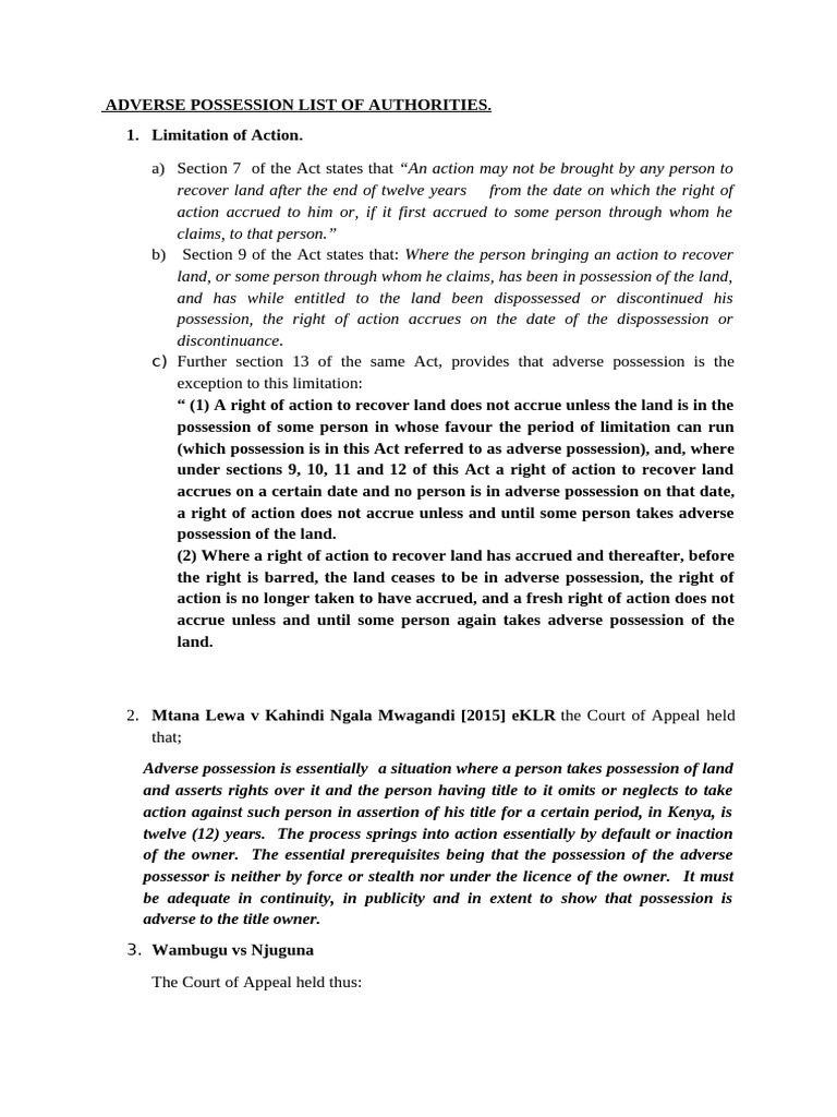 Adverse Possession Legal Authorities | PDF | Adverse Possession | Civil ...