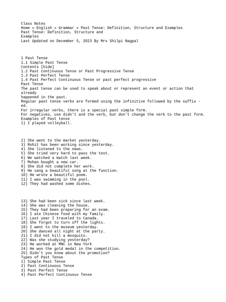 Past Tense: Structure and Examples | PDF | Grammatical Tense | Perfect ...