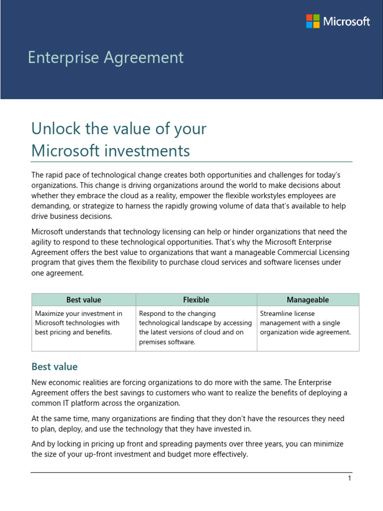 Enterprise Agreement At A Glance Pdf Cloud Computing Microsoft