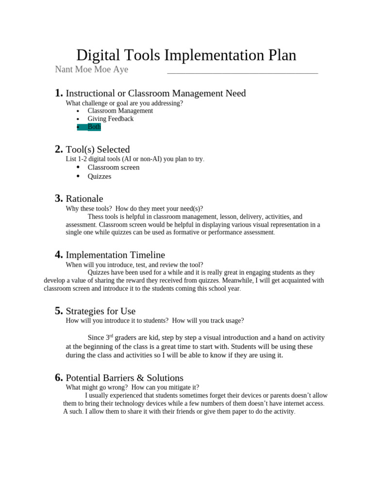 Saw Thein Soe, Digital Tools Implementation Plan | PDF | Classroom ...