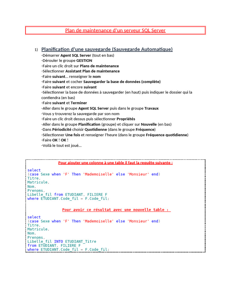 Plan de maintenance SQL Server | PDF | Microsoft SQL Server | SQL