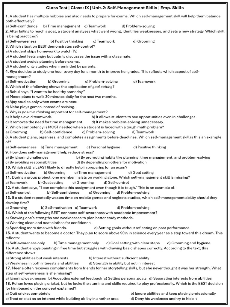 Self-Management Skills Worksheet | PDF | Optimism | Goal Setting