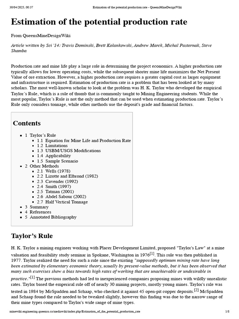 Taylor's Rule for Mining Production Rates | PDF | Mining | Net Present ...