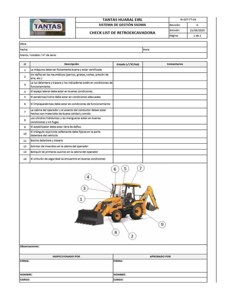Checklist de Retroexcavadora Excel | PDF