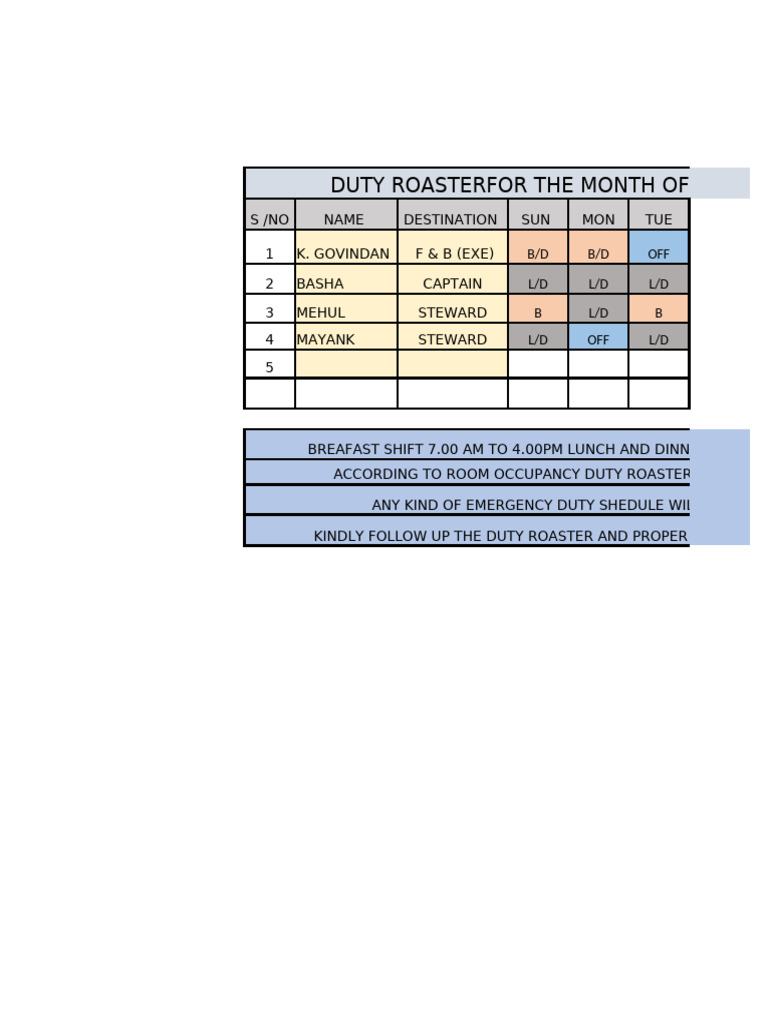 August Duty Roaster Schedule | PDF
