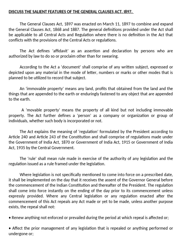 Salient Features of General Clauses Act 1897 | PDF | Repeal | Property