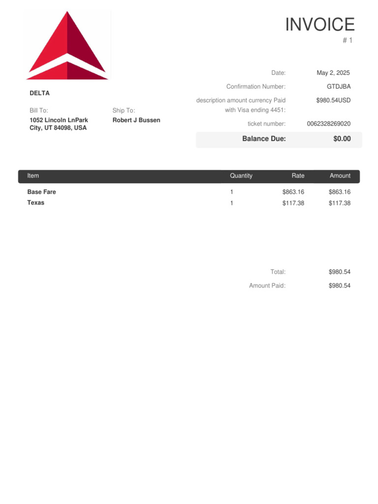 Delta Invoice and Customer Support Info | PDF | Fee | Fare