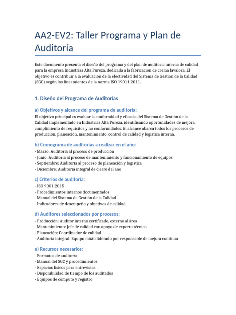 Programa y Plan de Auditoría ISO 19011 | PDF | Auditoría | Sistema de ...