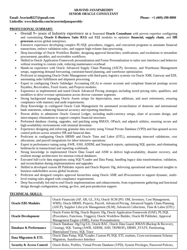 Senior Oracle Consultant Profile | PDF | Databases | Accounts Payable