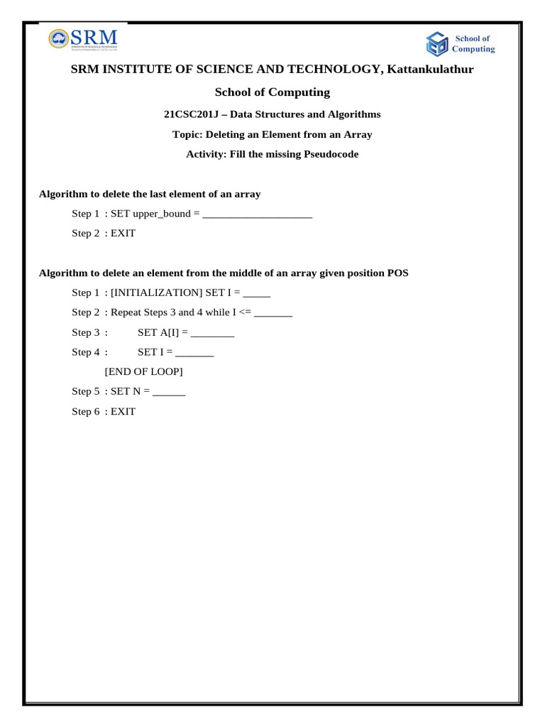 Deleting Elements from Arrays Pseudocode | PDF