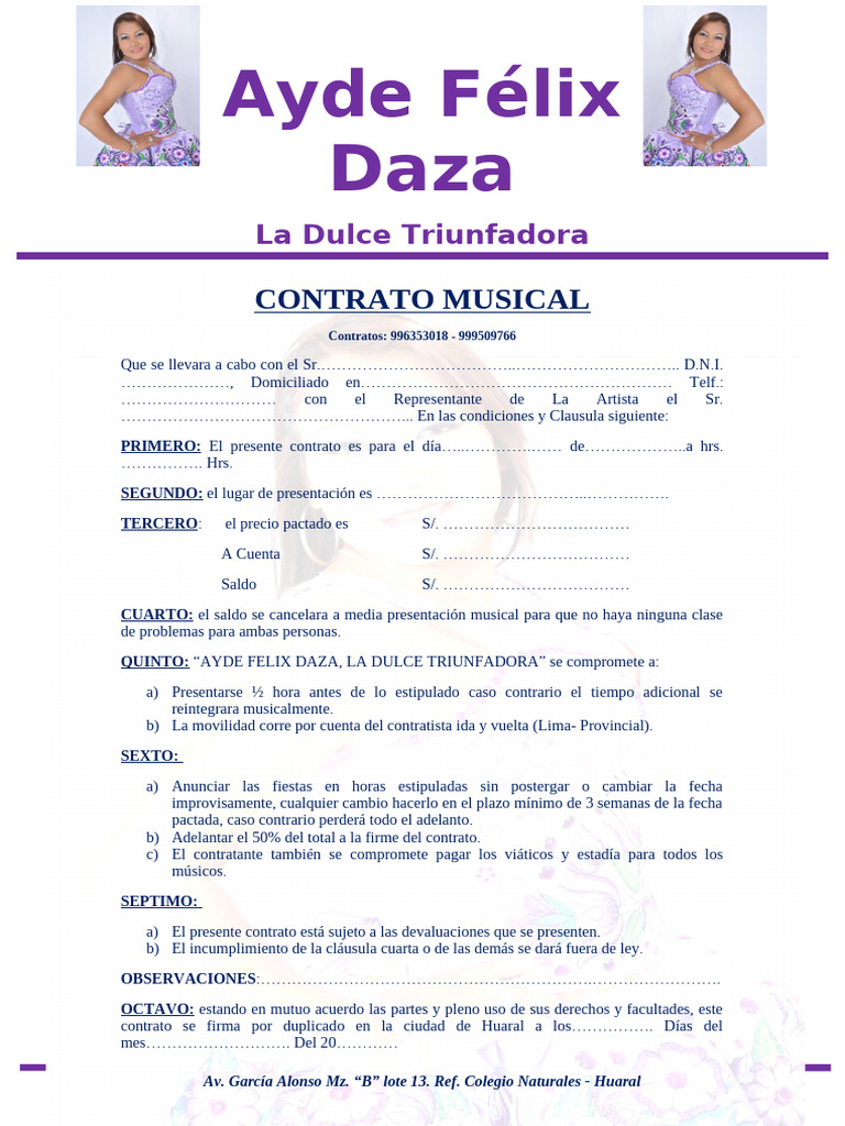 Contrato Musical Ayde Félix Daza | PDF
