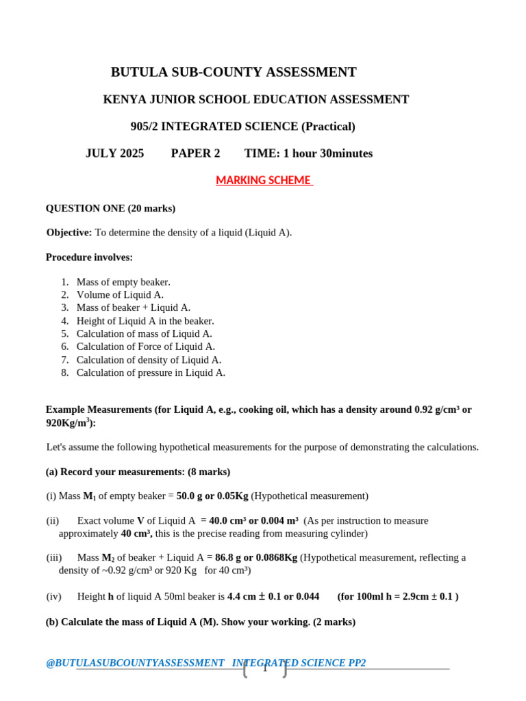 Butula Sub-County Science Assessment | PDF | Density | Liquids
