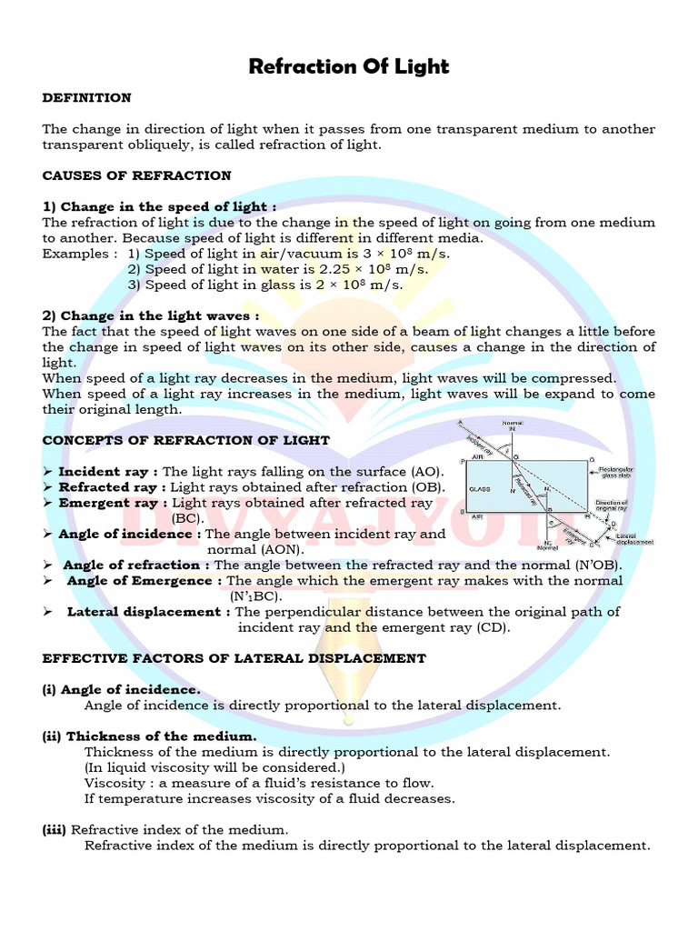 Refraction of Light (Notes) | PDF | Refractive Index | Refraction