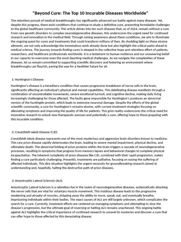 Top 10 Incurable Diseases 2024 | PDF | Alzheimer's Disease | Multiple ...