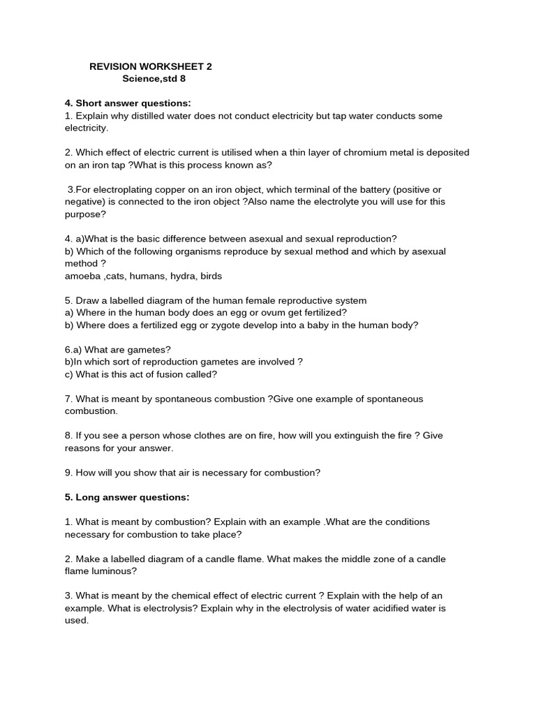 Revision Worksheet 2, Science, std8 | PDF