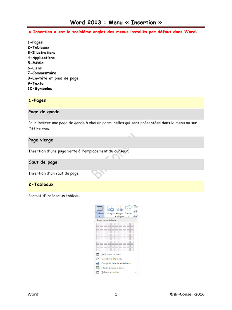 Menu Insertion dans Word 2013 | PDF | Microsoft Word | Capture d'écran