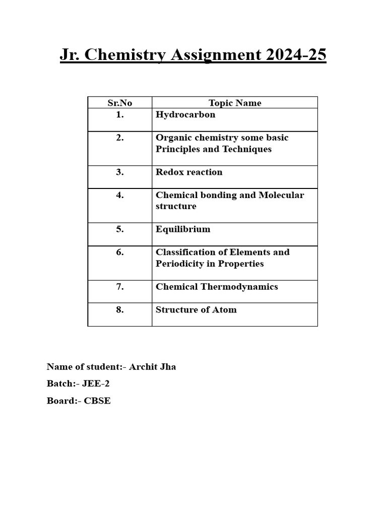 Jr. Chemistry Assignment Topics 2024-25 | PDF