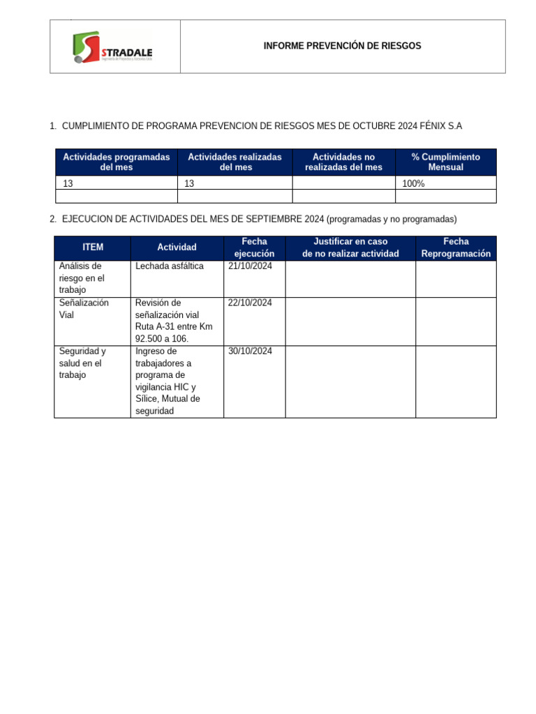 Informe de Prevención de Riesgos Octubre 2024 | PDF