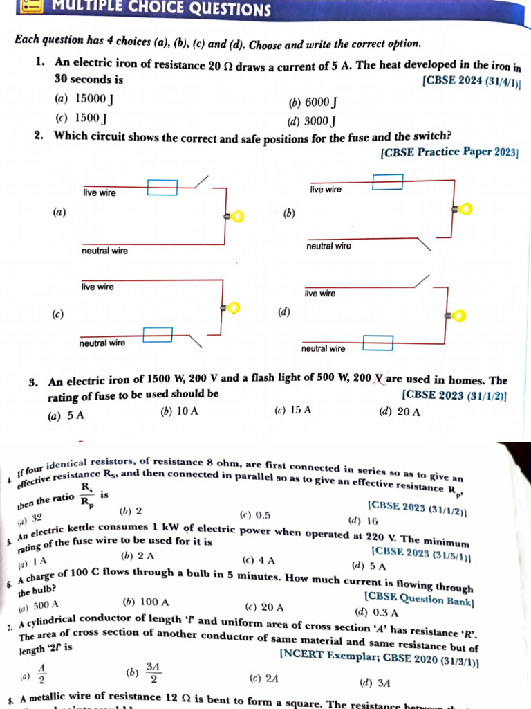 CBSE Electricity MCQs with Answers | PDF | Series And Parallel Circuits ...