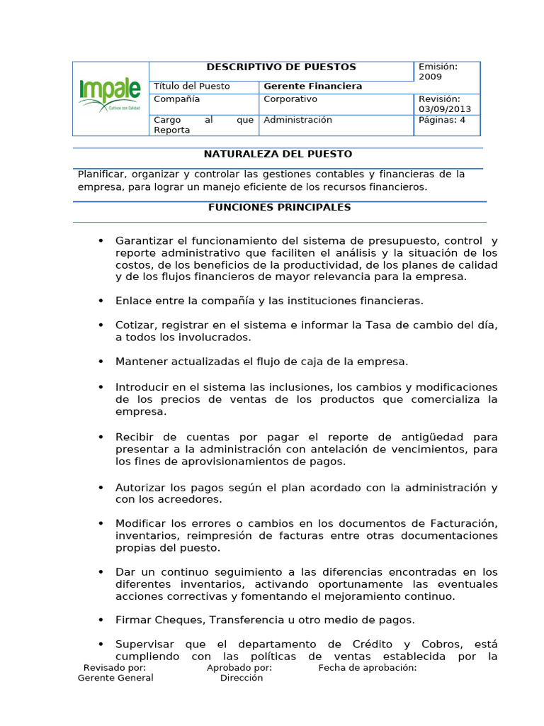Descripción del Puesto: Gerente Financiero | PDF | Business | Contabilidad