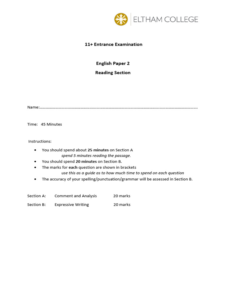 11+ English Exam: Reading & Writing | PDF