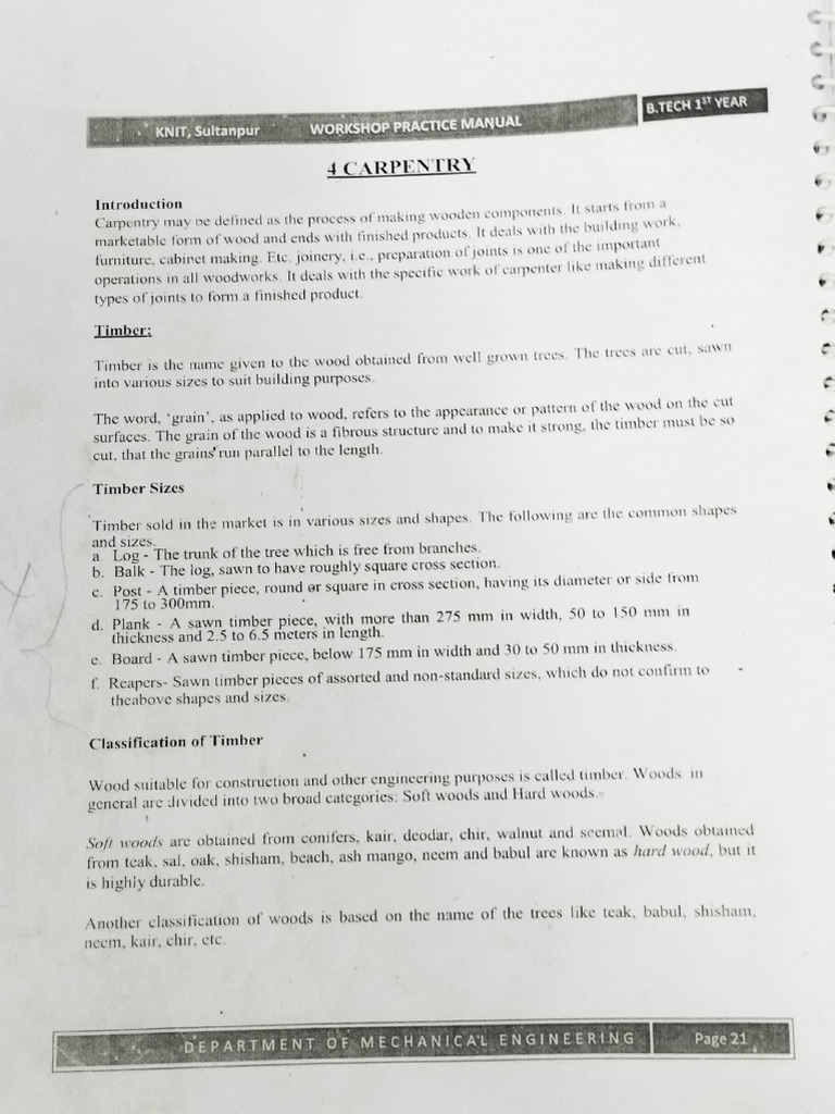 Carpentry Workshop Practice Manual | PDF | Wood | Lumber
