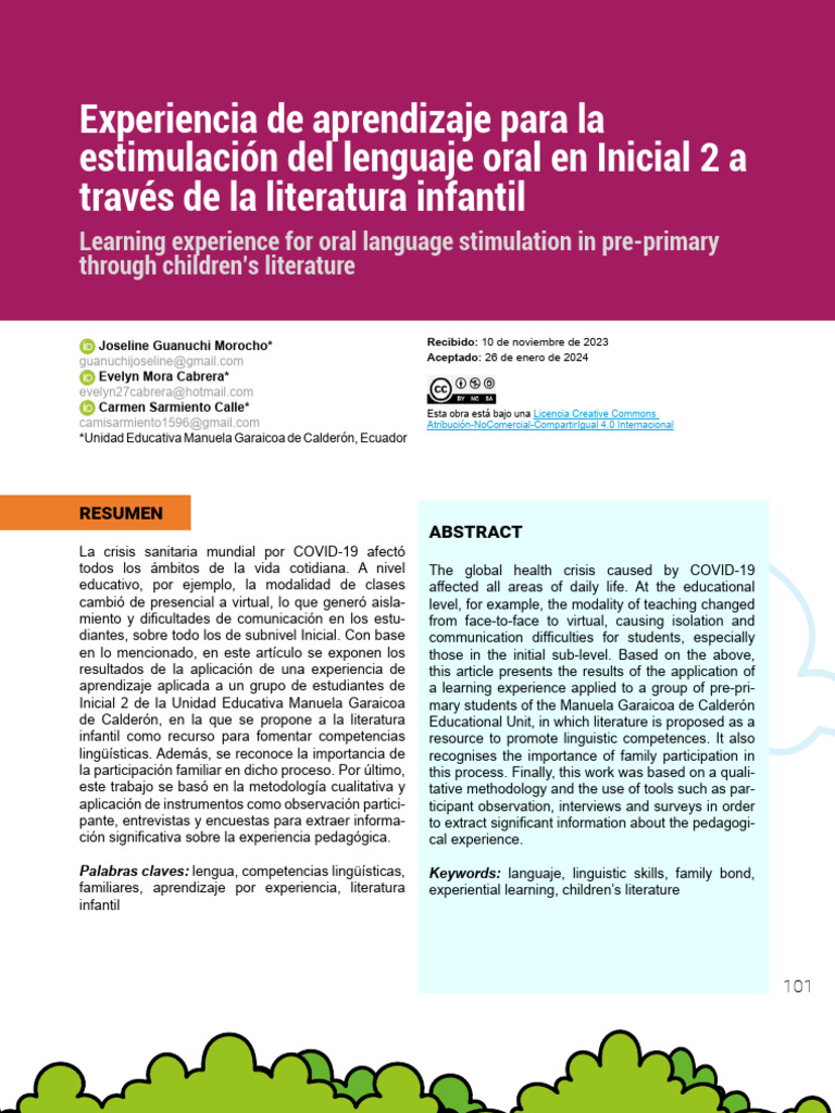 Experiencia de Aprendizaje para La Estimulación Del Lenguaje Oral en ...