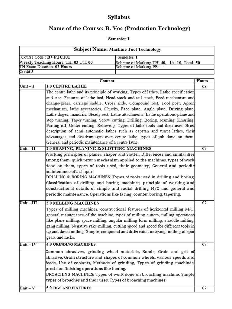 Machine Tool Technology Syllabus | PDF | Pressure Measurement ...
