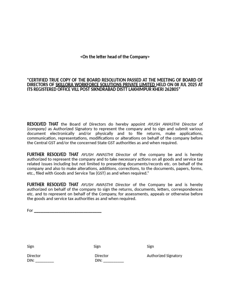 Board Resolution for GST Signatory Change | PDF