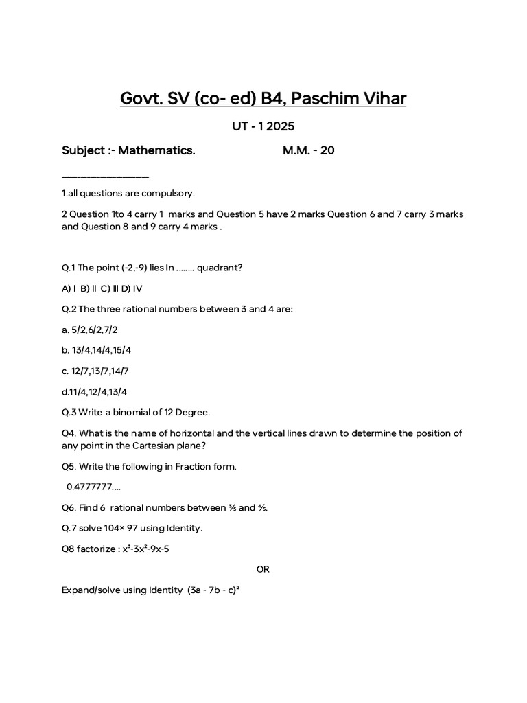 9th UT 1 MATHS 2025 | PDF