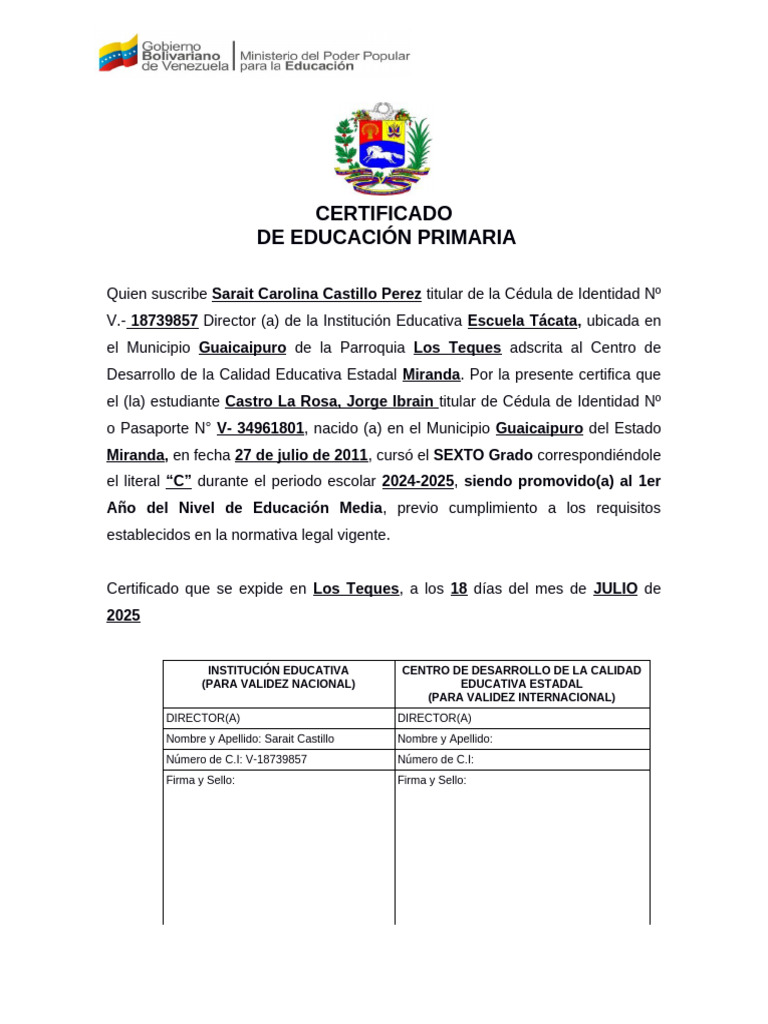 Certificado de Educación Primaria 2025 | PDF | Juventud | Autenticación