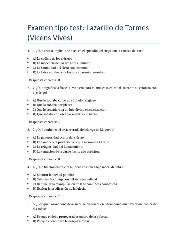 Examen tipo test: Lazarillo de Tormes | PDF