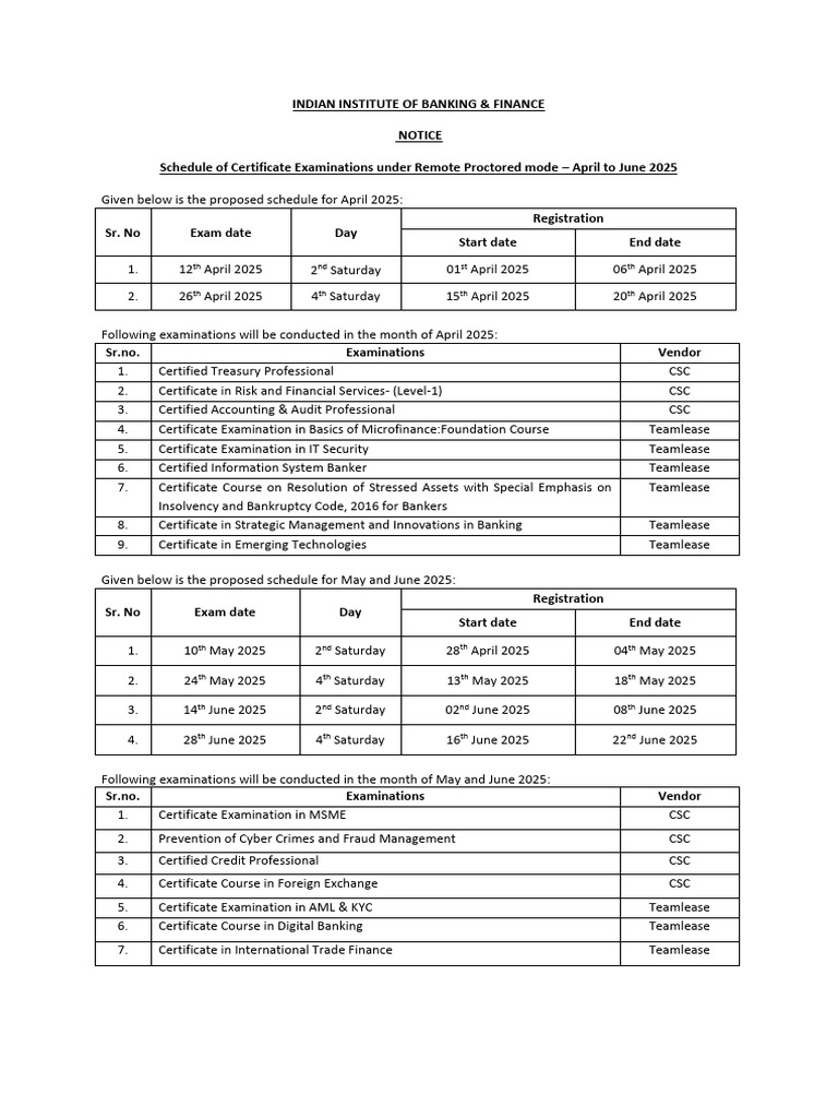 IIBF Certificate Exam Schedule 2025 | PDF | Business
