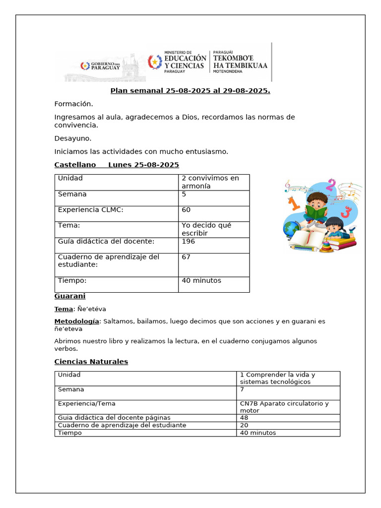 Plan Semanal de Clases: 25-29 Ago 2025 | PDF