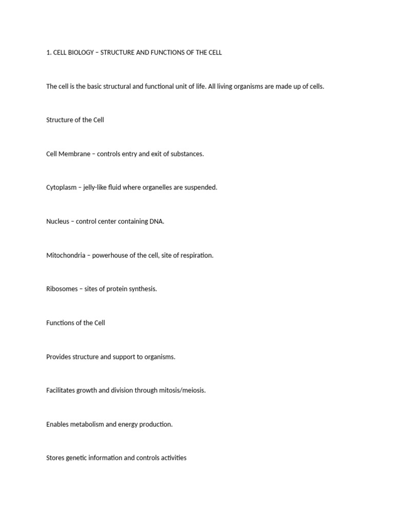 Cell Biology - Structure and Functions of The Cell | PDF
