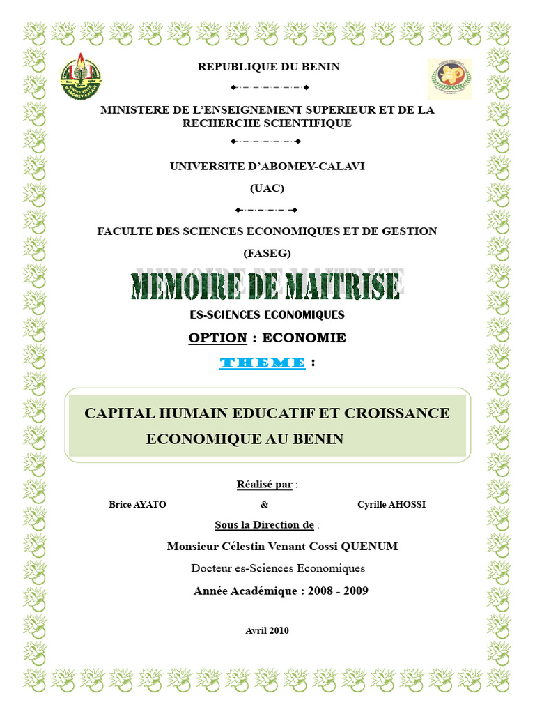 Impact du capital humain sur la croissance au Bénin | PDF | Croissance ...