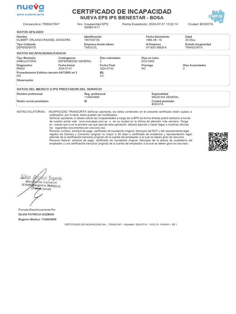 Certificado de Incapacidad Nueva EPS | PDF