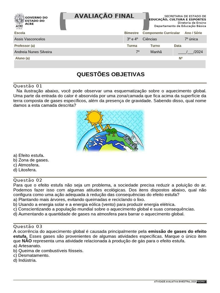 Questões sobre Efeito Estufa 7º Ano | PDF | Efeito estufa | Aquecimento ...