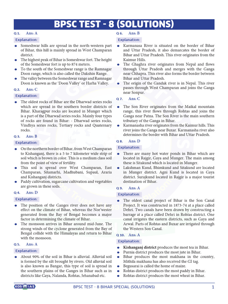 BPSC Test 8 Solutions for Bihar Geography | PDF