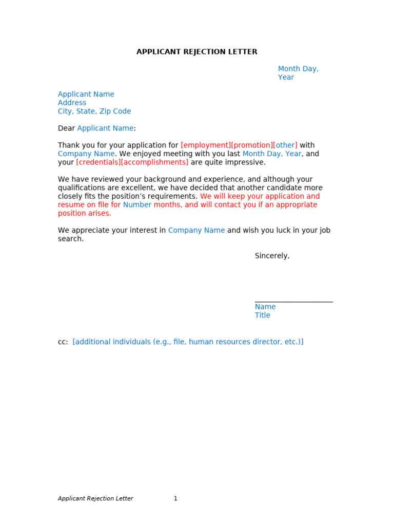 Applicant Rejection Letter Template | PDF