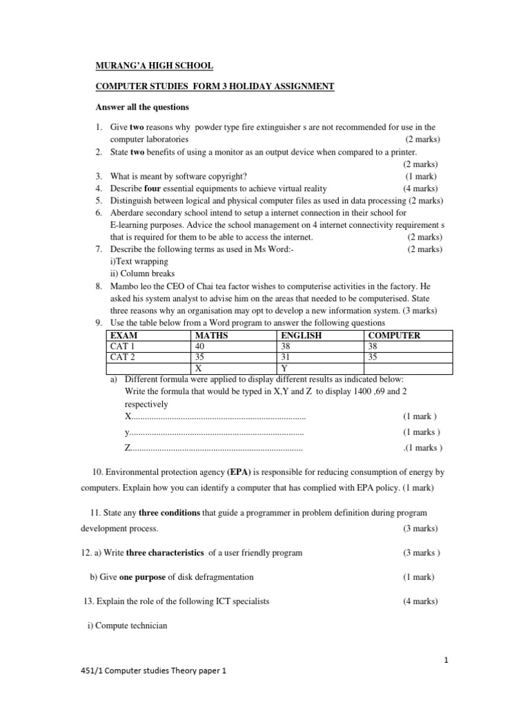 Computer Studies Theory Paper 1 Assignment | PDF | Usb | Computer Network