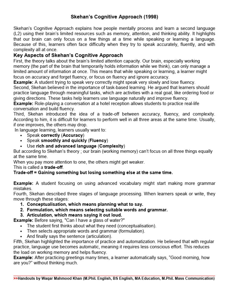 Skehan's Cognitive Approach and IDL | PDF | Fluency | Psycholinguistics