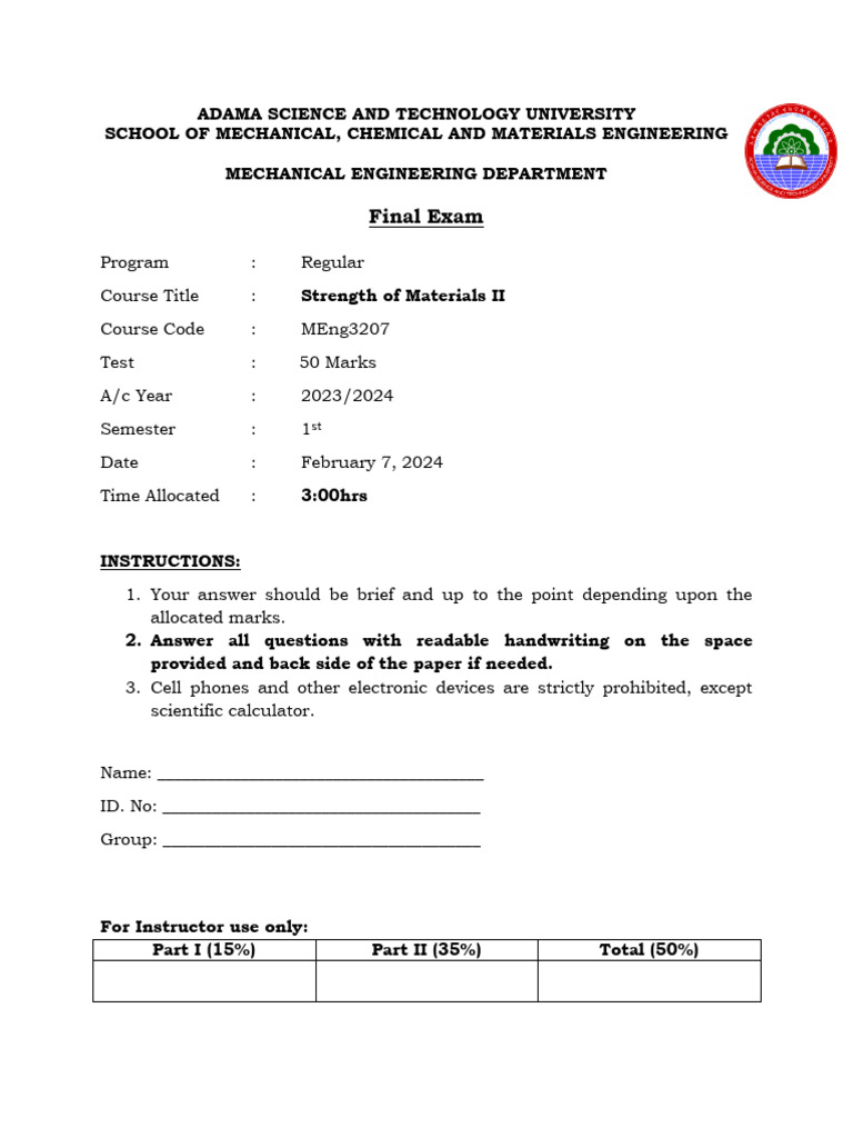 Strength of Materials II Final Exam 2024 | PDF | Beam (Structure ...