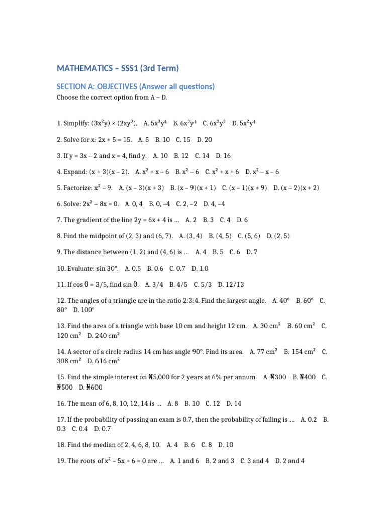 SSS1 Mathematics Questions and Solutions | PDF | Area | Elementary Geometry