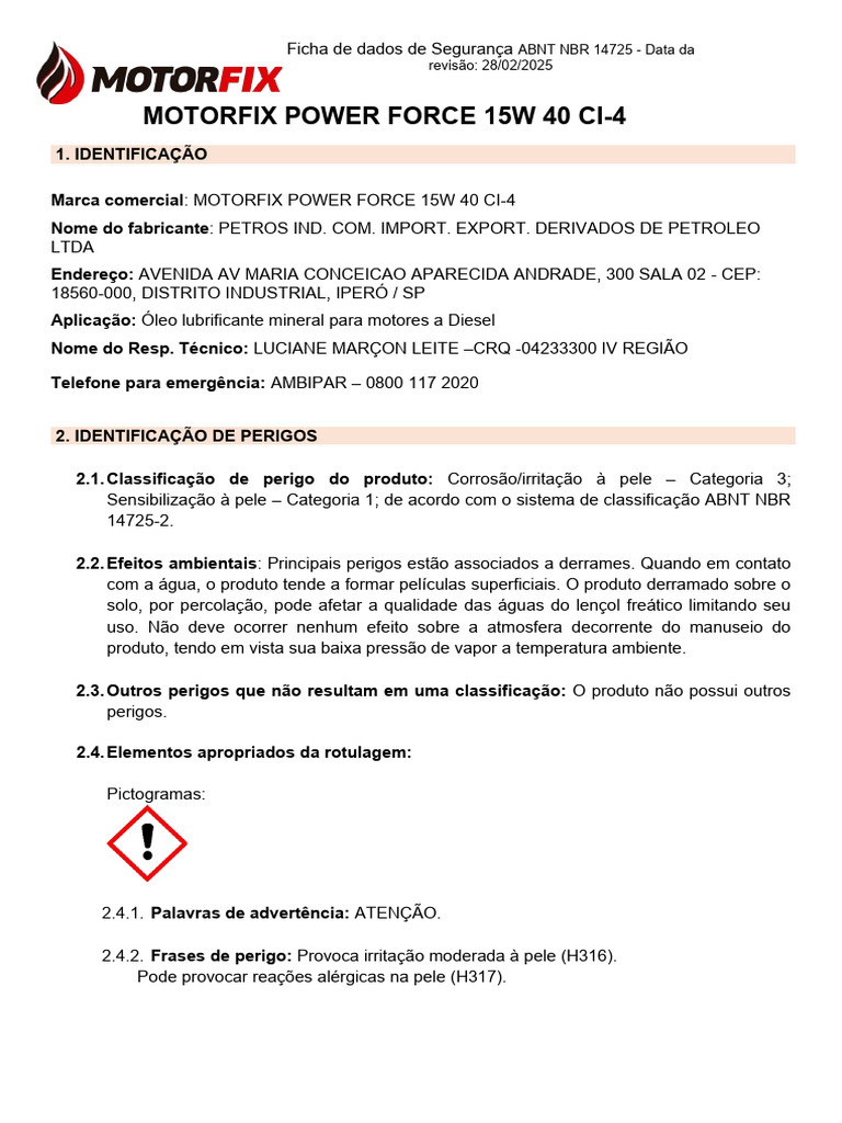 Ficha de Segurança do Óleo MOTORFIX 15W-40 | PDF | Toxicidade | Temperatura