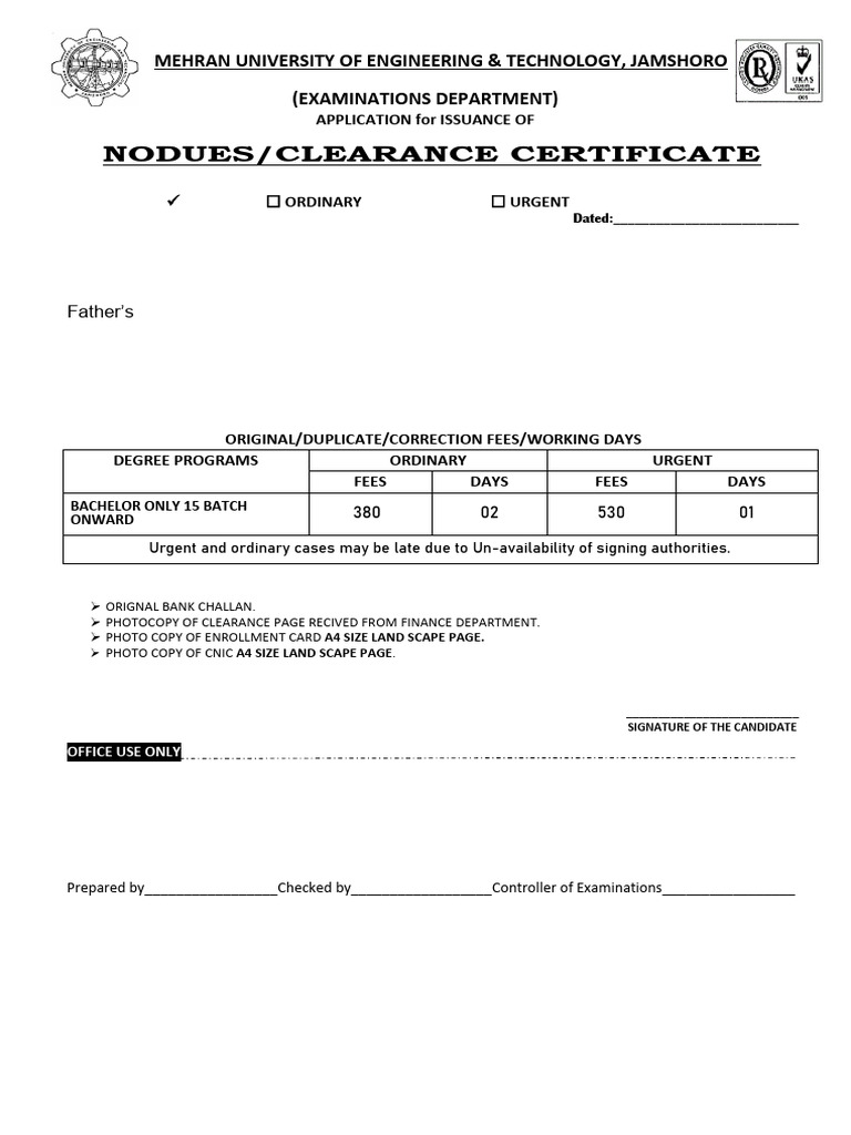 Mehran University Clearance Certificate Application | PDF
