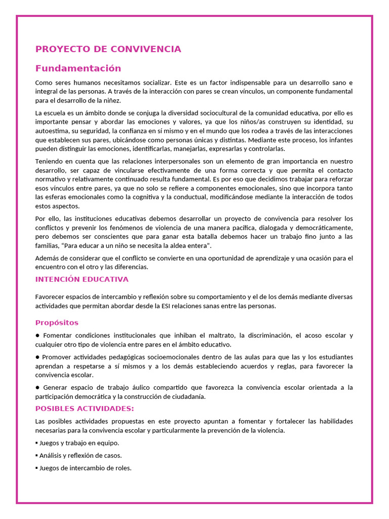 Proyecto de Convivencia Escolar | PDF | Las emociones | Violencia